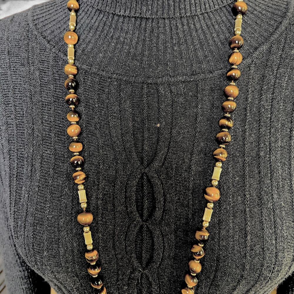 Tigers Eye Beaded Necklace Vintage Gold Tone Fluted Tube Spacers Retro 70s Boho - Picture 4 of 11
